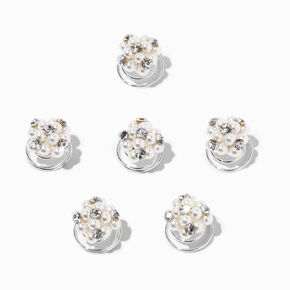 Silver Pearl &amp; Rhinestone Cluster Hair Spinners - 6 Pack,