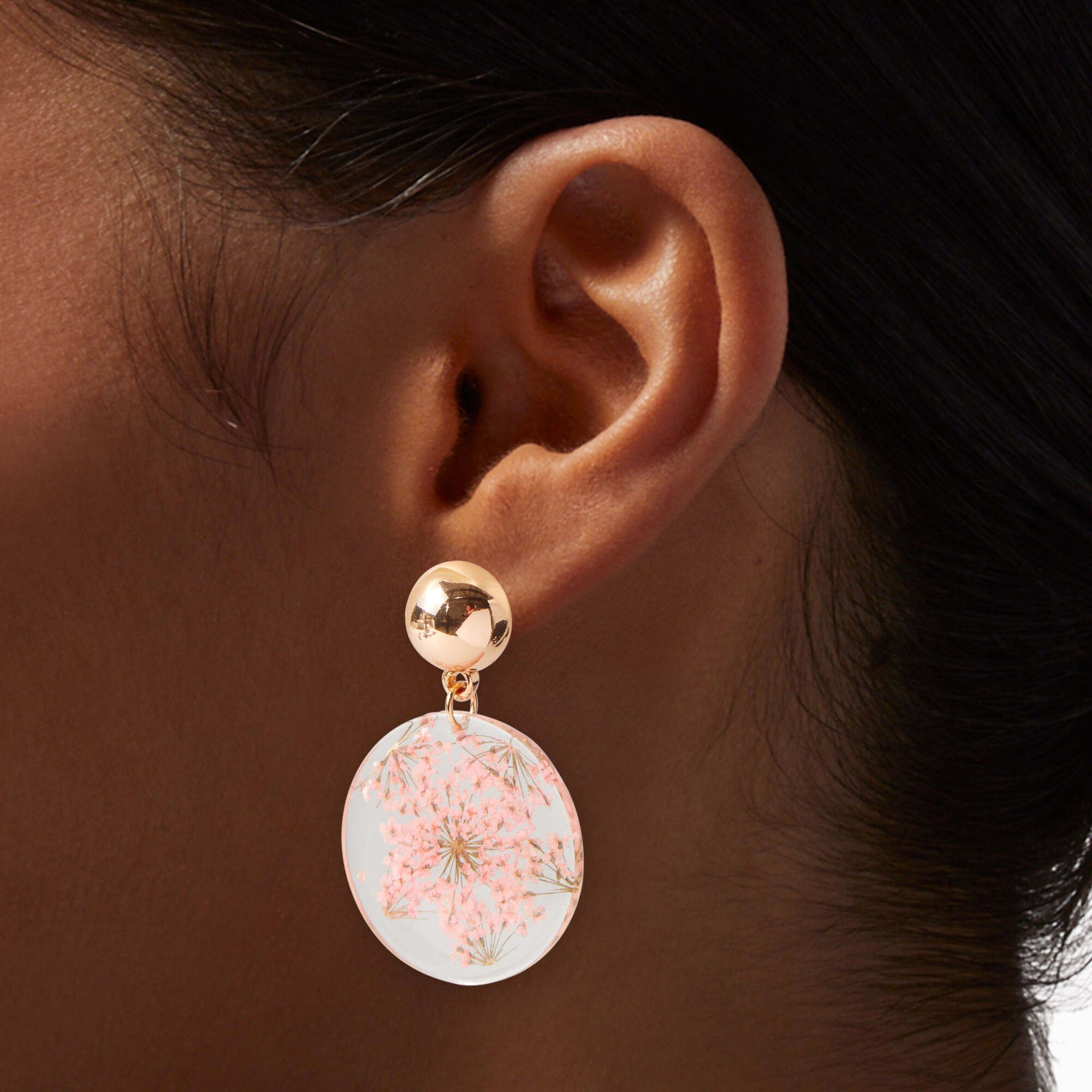 Pink Pressed Flower Acrylic Disc Drop Earrings,