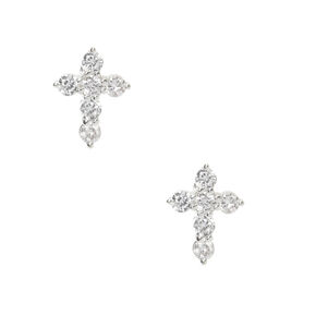 Silver-tone Cubic Zirconia Cross Stud Earrings,