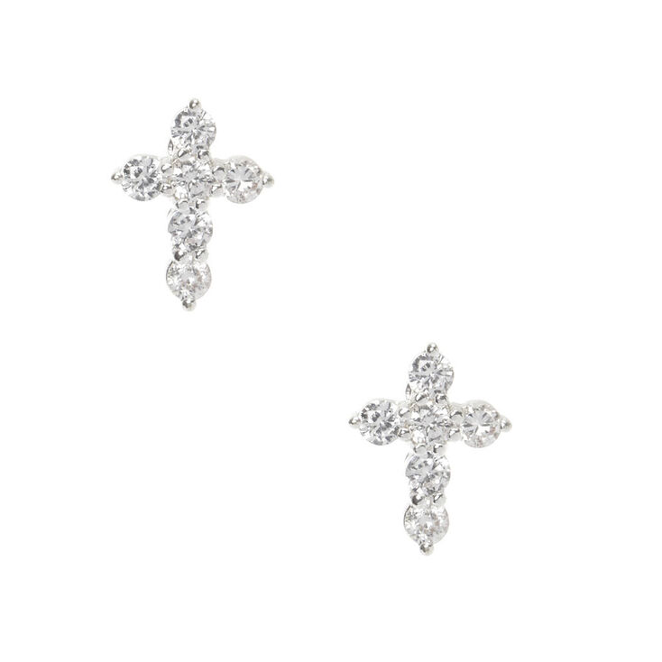 Silver-tone Cubic Zirconia Cross Stud Earrings,