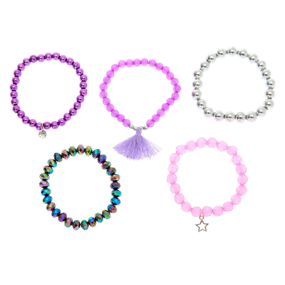 Charmy Beaded Stretch Bracelets - Purple, 5 Pack,