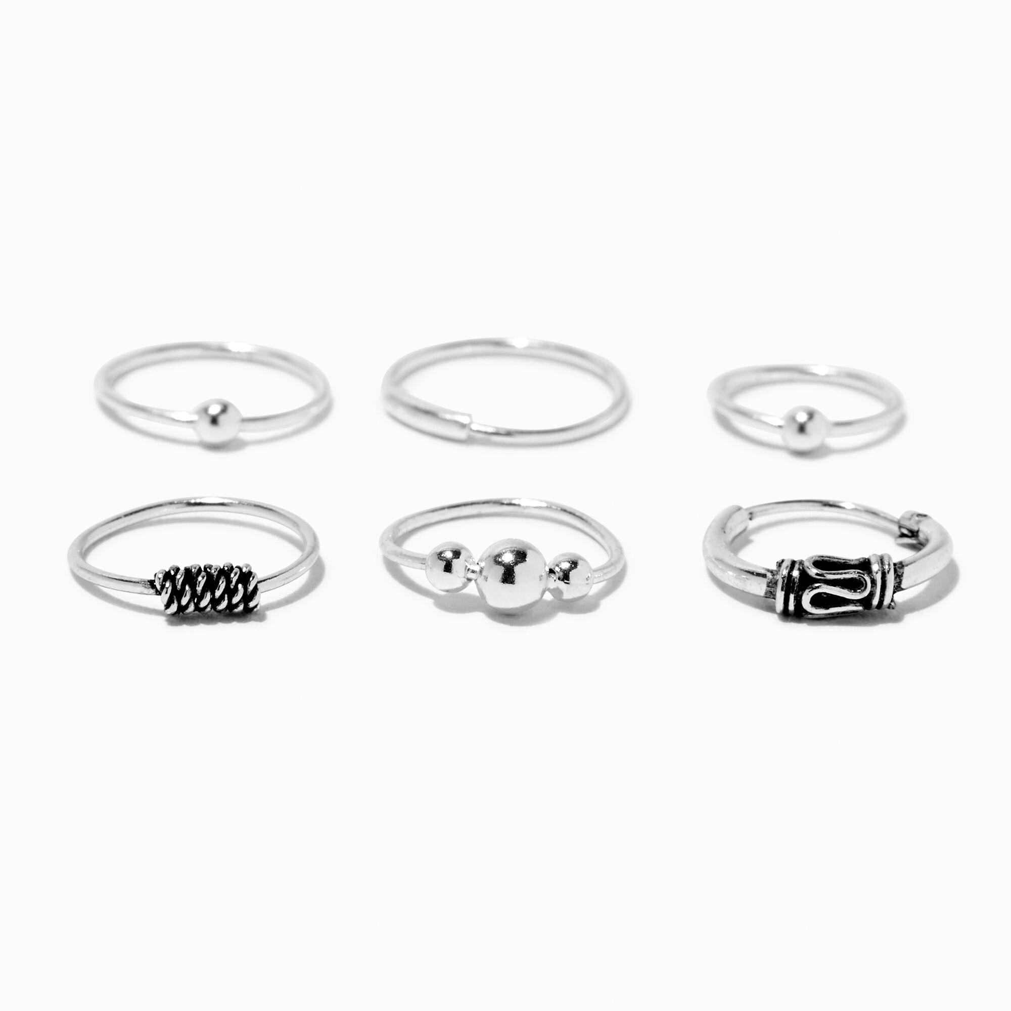 Anneaux pour piercing de nez torsadés avec perles d'imitation 0,6 mm couleur argentée - Lot de 6,