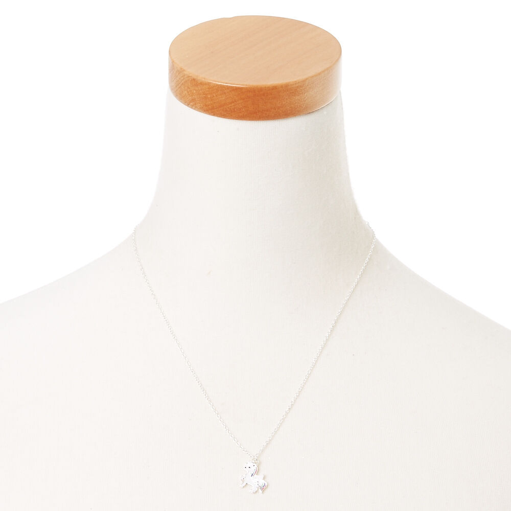 Collier couleur argenté avec pendentif licorne blanc et arc-en-ciel,