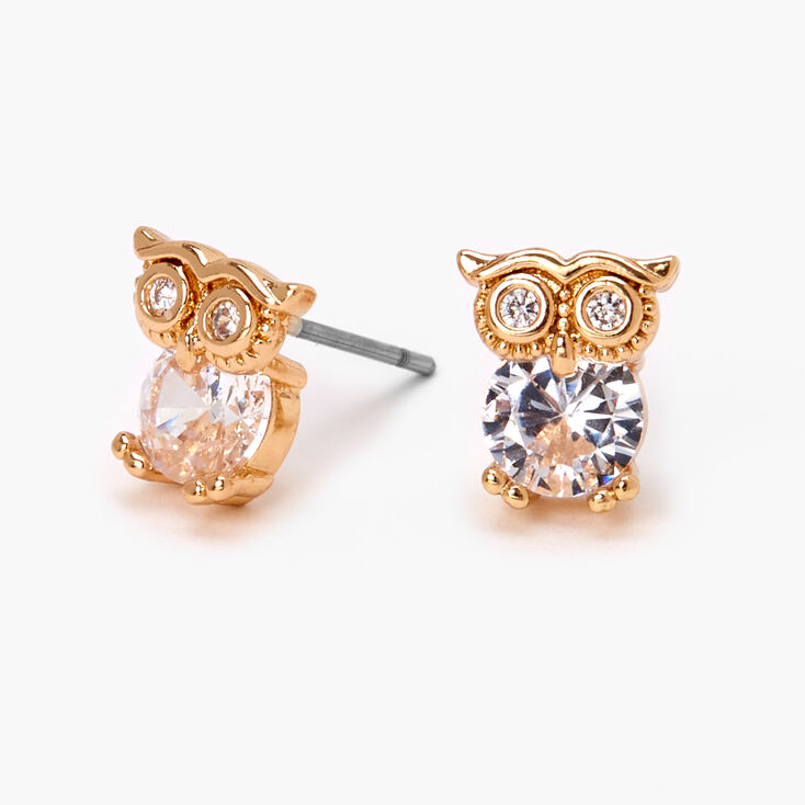 Gold Cubic Zirconia Owl Stud Earrings - 5MM,