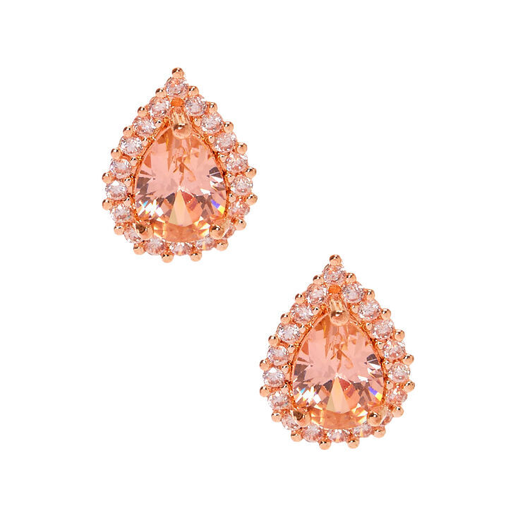 Rose Gold Cubic Zirconia Halo Teardrop Stud Earrings - 6MM,