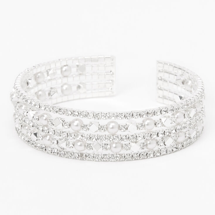 Pearl &amp; Rhinestone Five Row Cuff Bracelet - Silver-tone,