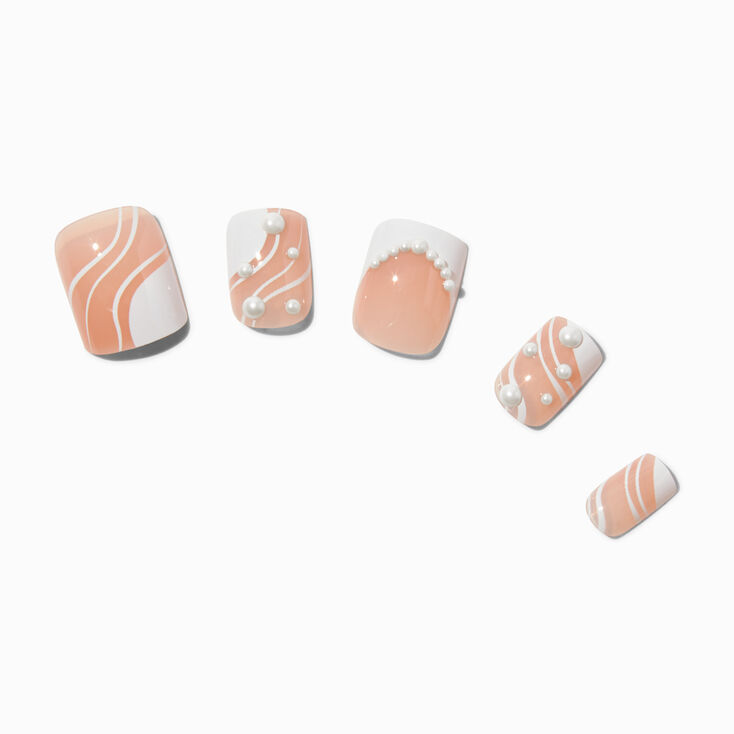 Swirly French Tip Bling Medium Square Vegan Faux Nail Set - 24 Pack,