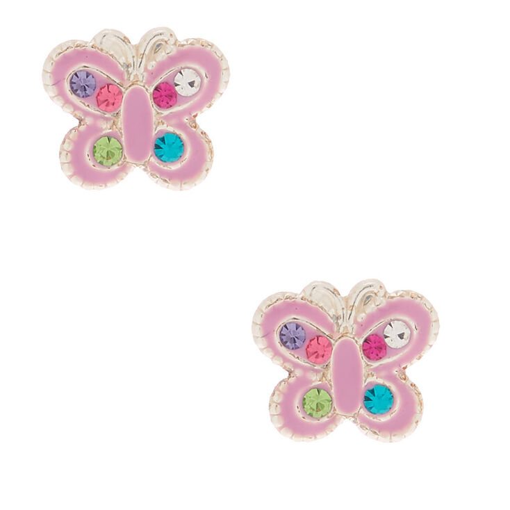 Claire's Clous d'oreille papillon lilas avec pierres arc-en-ciel couleur argenté