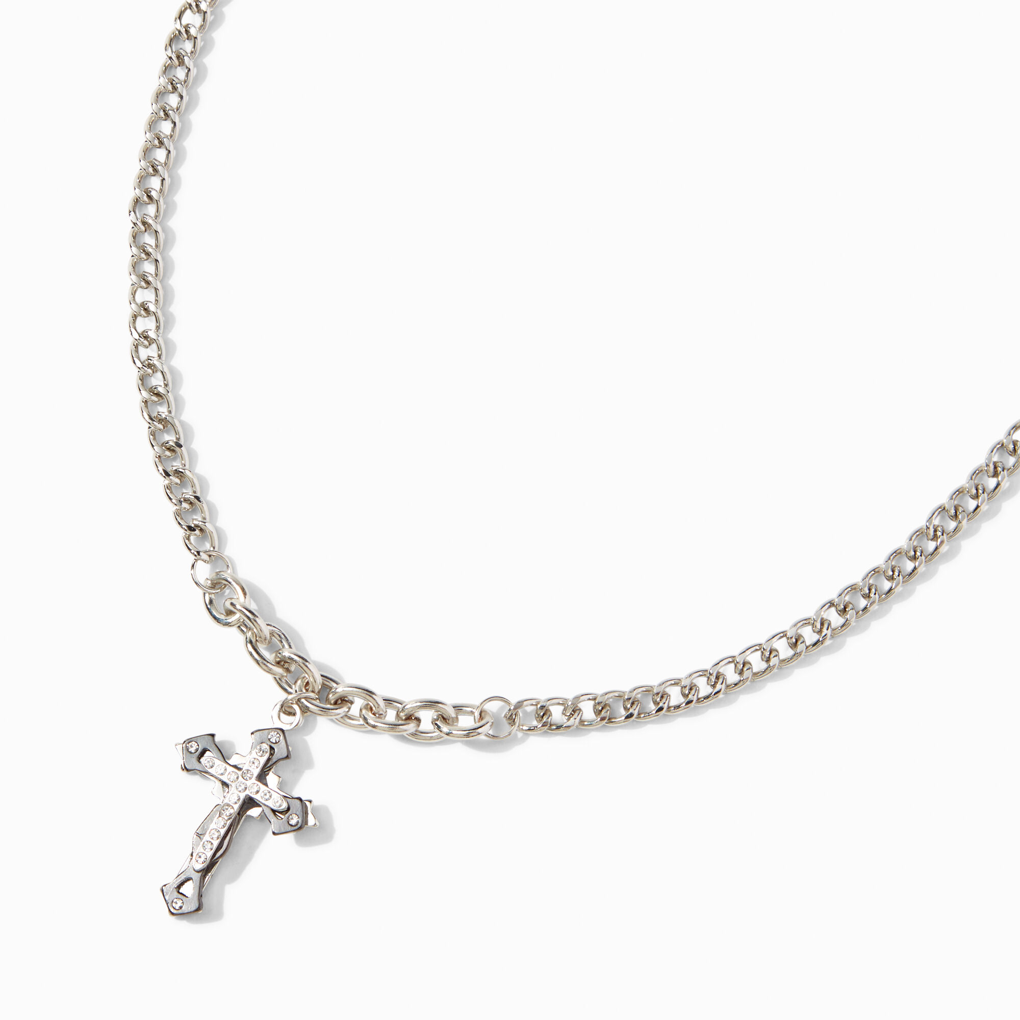 View Claires Tone Heavy Crystal Cross Necklace Silver information