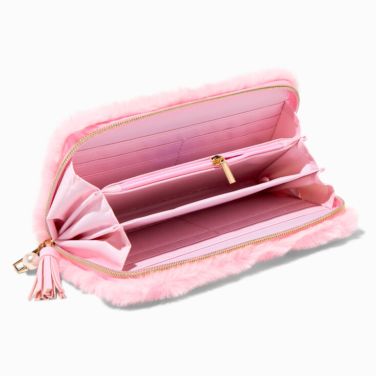 Pink Furry Pearl Initial Wristlet Wallet - J,