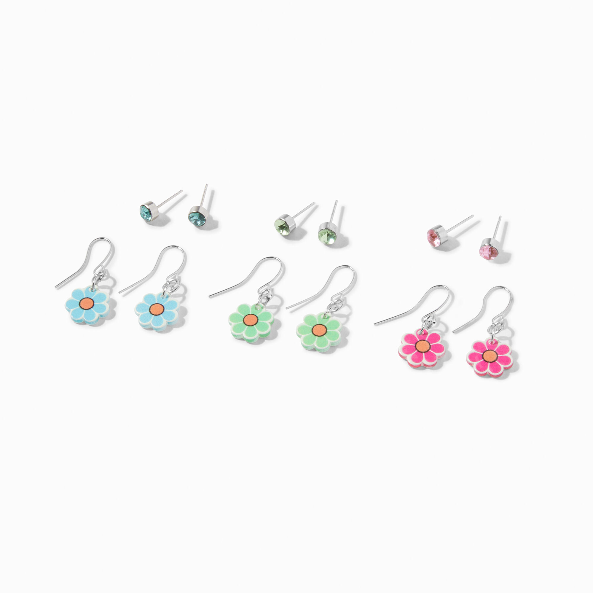 View Claires Tone Rainbow Daisy Drop Stud Earrings 6 Pack Silver information