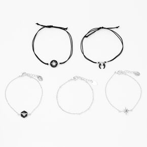 Silver-tone Chain &amp; Black Enamel Bracelet Set - 5 Pack,