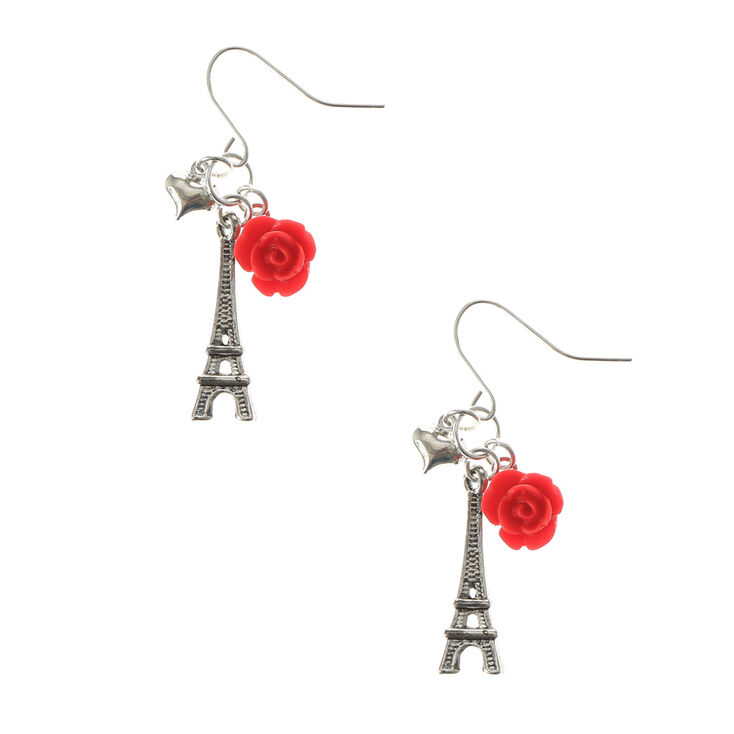 Carved Rose Eiffel Tower Drop Earrings - Red,