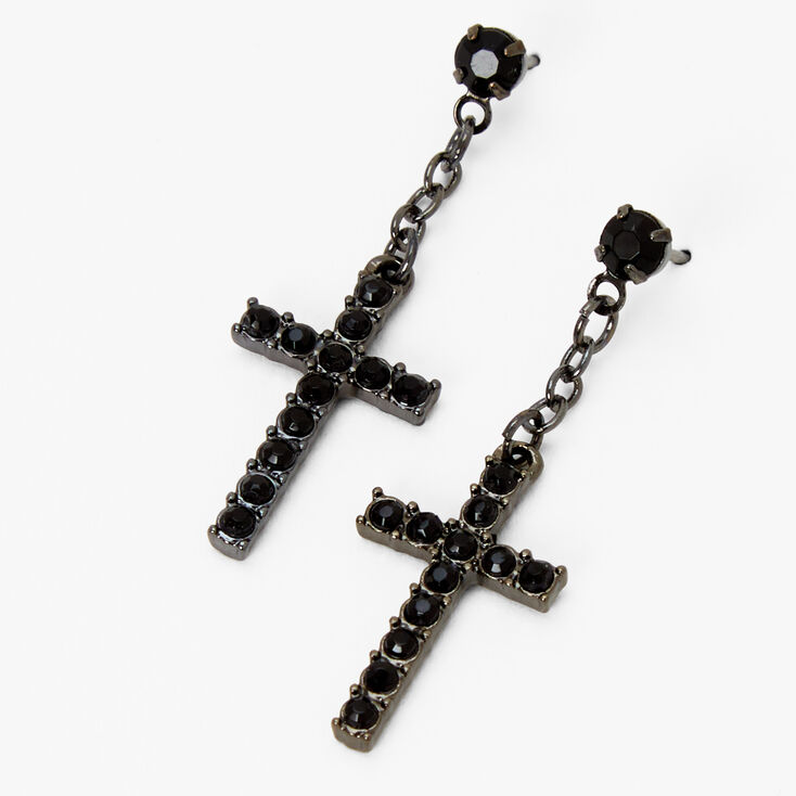 Black Embellished Cross 1.5&quot; Drop Earrings,