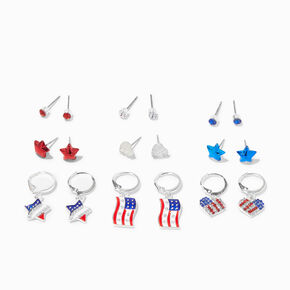 Patriotic Red, White, &amp; Blue Mixed Earrings - 9 Pack,
