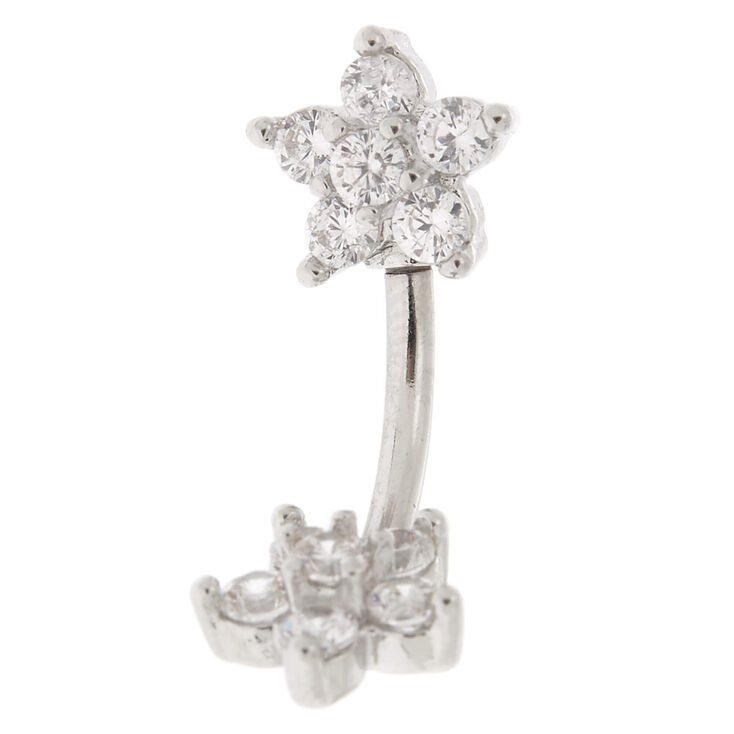 Silver 14G Double Flower Crystal Belly Ring,