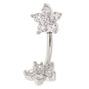 Silver-tone Stainless Steel Cubic Zirconia Double Flower 14G Belly Bar,