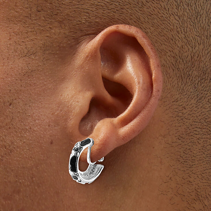 Black Enamel Silver-tone 10mm Clip-On Hoop Earrings,