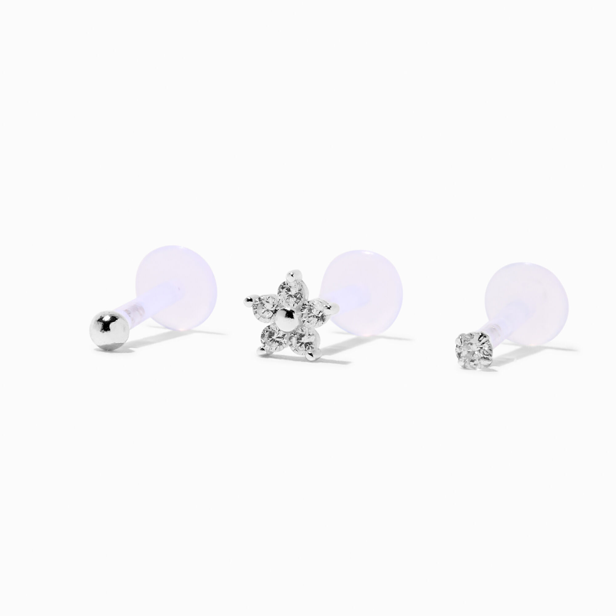 Sterling Silver Flower 16G Threadless Flat Back Tragus Earring - 3 Pack,