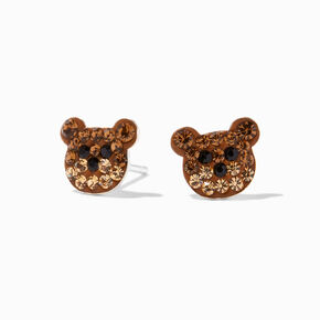 Sterling Silver Brown Crystal Ombr&eacute; Bear Stud Earrings,