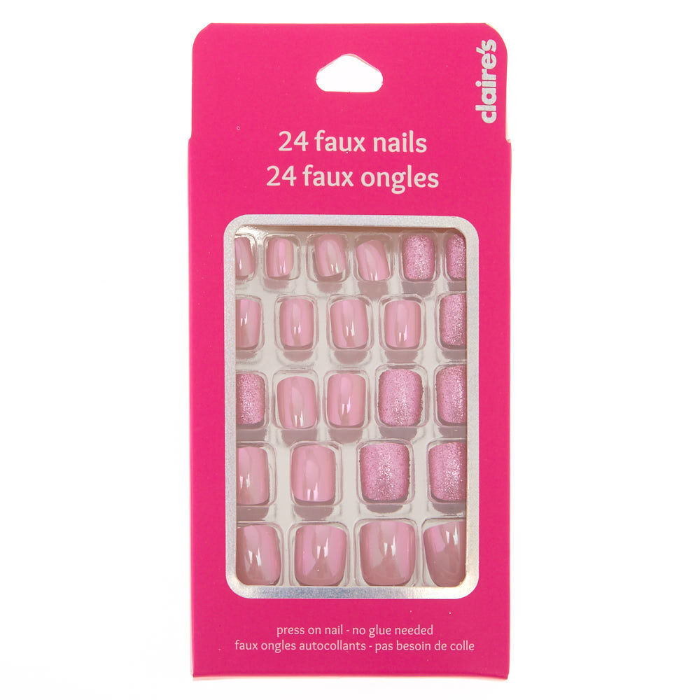 Iridescent Glitter Square Press On Faux Nail Set - Pink, 24 Pack,