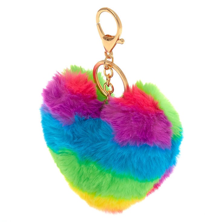 Porte-cl&eacute;s &agrave; pompons c&oelig;ur arc-en-ciel,