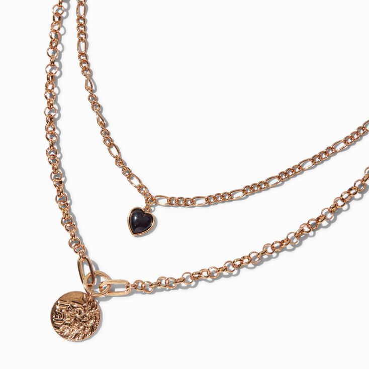 Gold-tone Lion Coin &amp; Black Heart Layered Multi-Strand Necklace ,