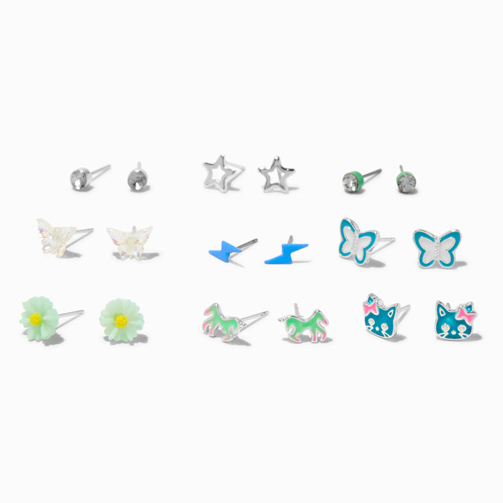 Clous d&#39;oreilles motif printanier bleus - Lot de 9,