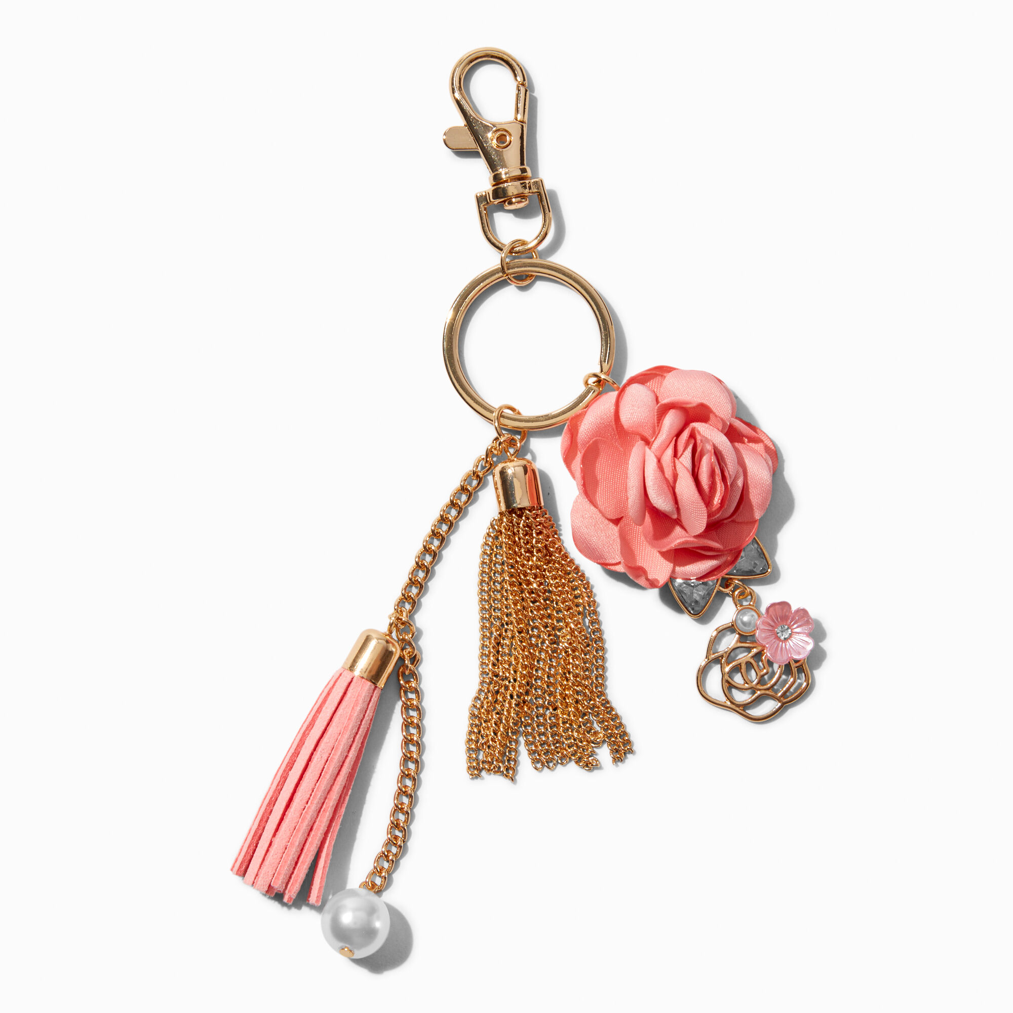 View Claires Rose Tassel Keyring Coral information
