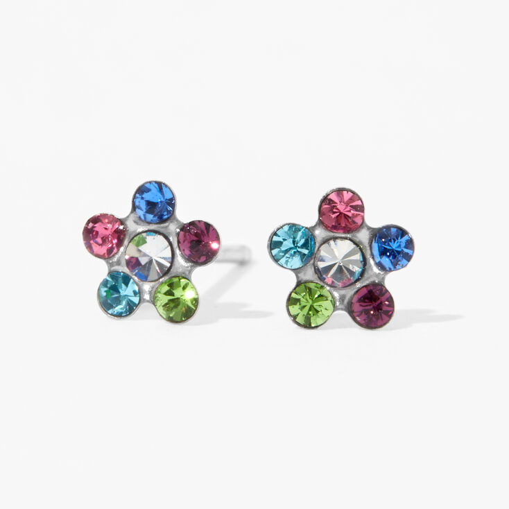 14kt White Gold Rainbow Crystal Daisy Studs Ear Piercing Kit with Ear Care Solution,