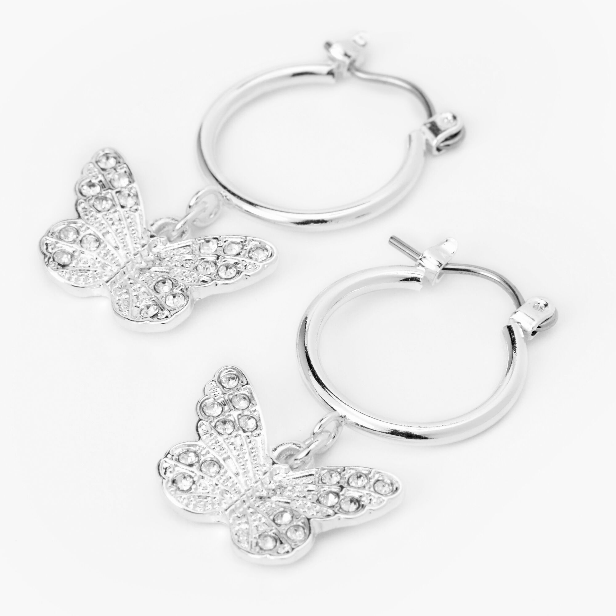 View Claires 10MM Filigree Butterfly Hoop Earrings Silver information