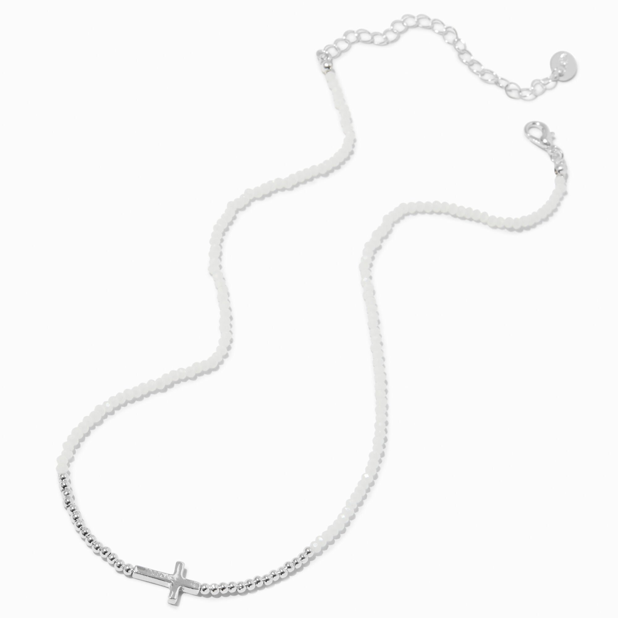 Silver-tone Cross Seed Bead Pendant Necklace,