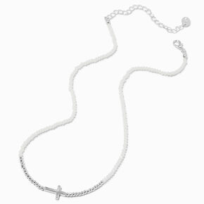 Silver-tone Cross Seed Bead Pendant Necklace,