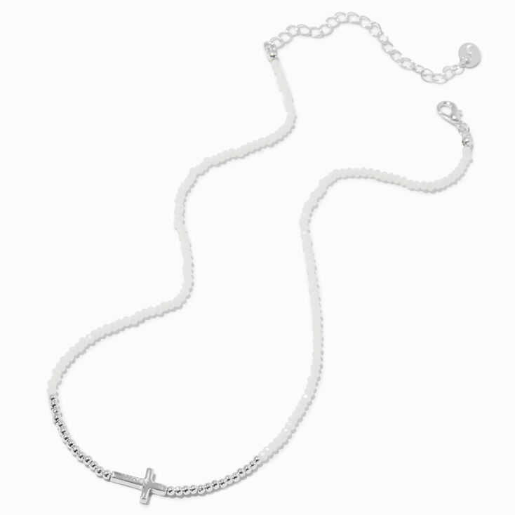 Silver-tone Cross Seed Bead Pendant Necklace,
