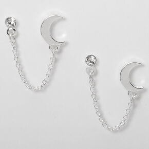 Clous d&#39;oreilles &agrave; cha&icirc;ne lune ornement&eacute;e couleur argent&eacute;e,