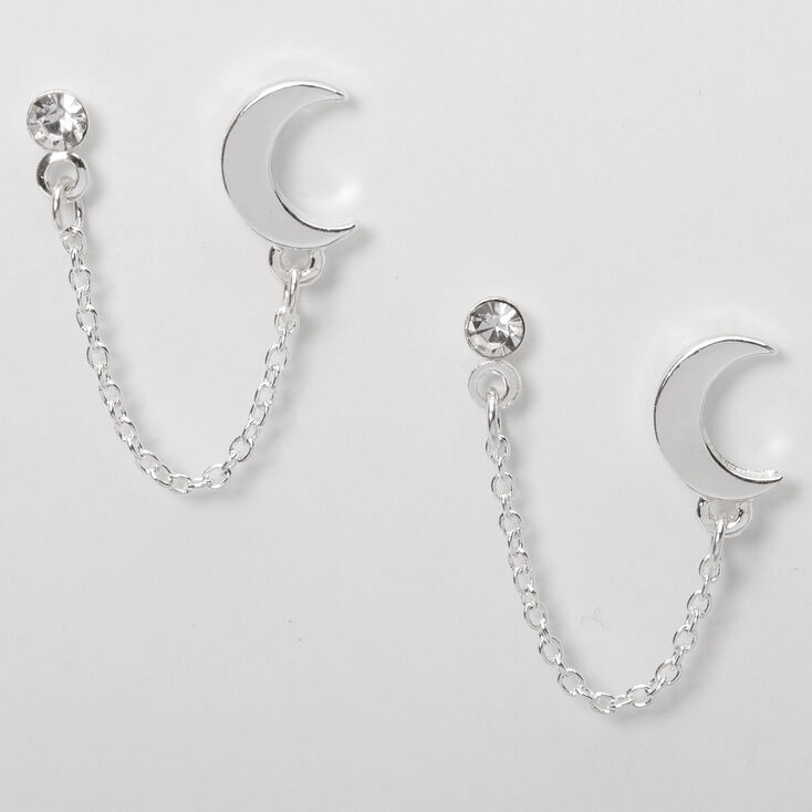 Clous d&#39;oreilles &agrave; cha&icirc;ne lune ornement&eacute;e couleur argent&eacute;e,