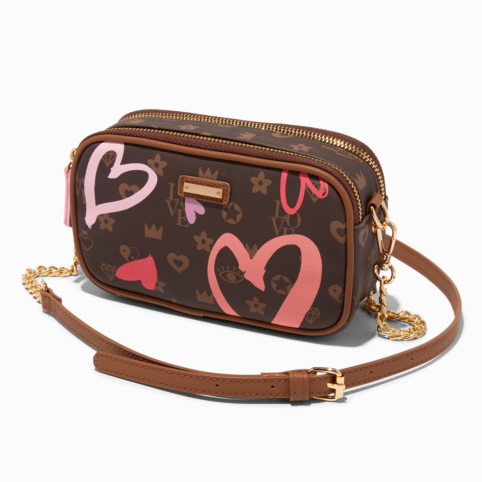 View Claires Status Icons Hearts Camera Style Crossbody Bag Brown information
