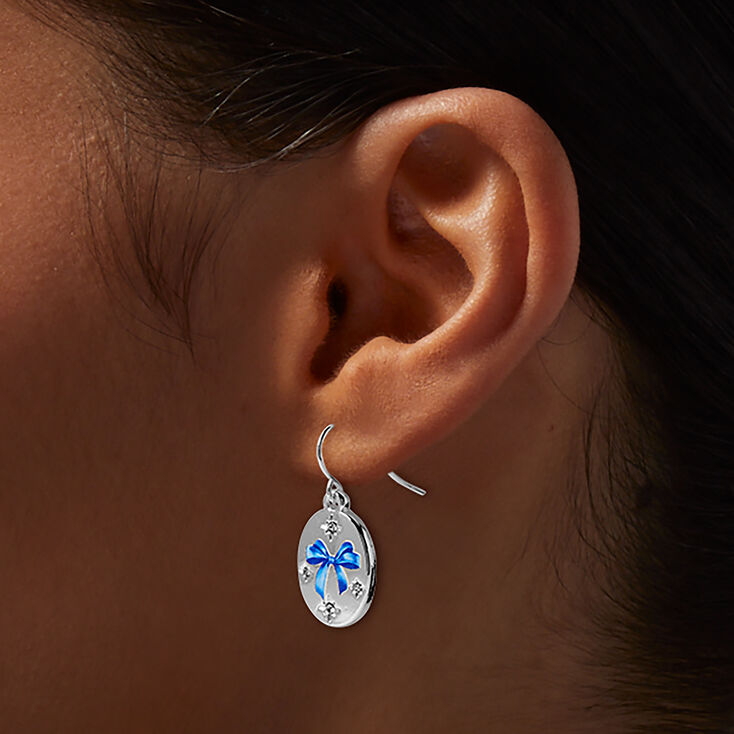 Blue Painted Bow Oval Drop Earrings,