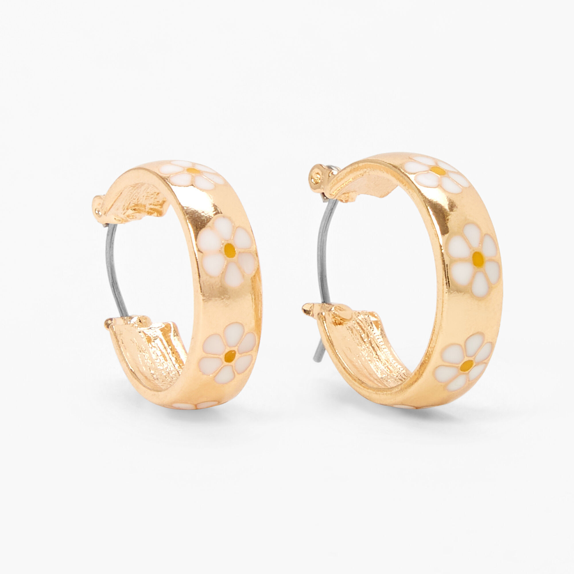 Gold 20MM Thick Daisy Hoop Earrings White Claire s US