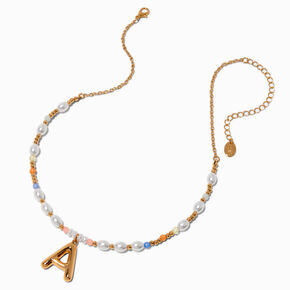 Gold-tone Bubble Initial Pastel Beaded Pendant Necklace - A,
