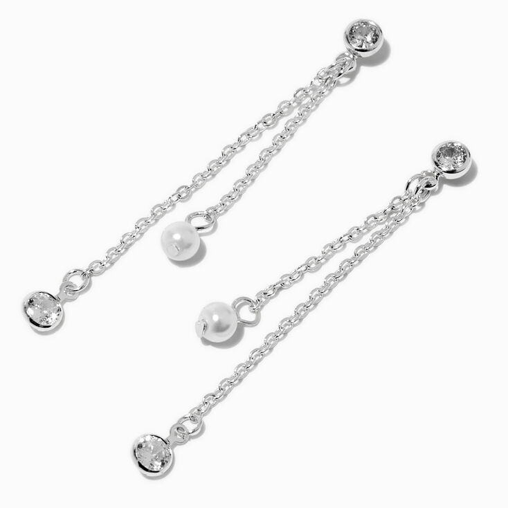 Silver-tone Cubic Zirconia Pearl 3&quot; Linear Drop Earrings ,
