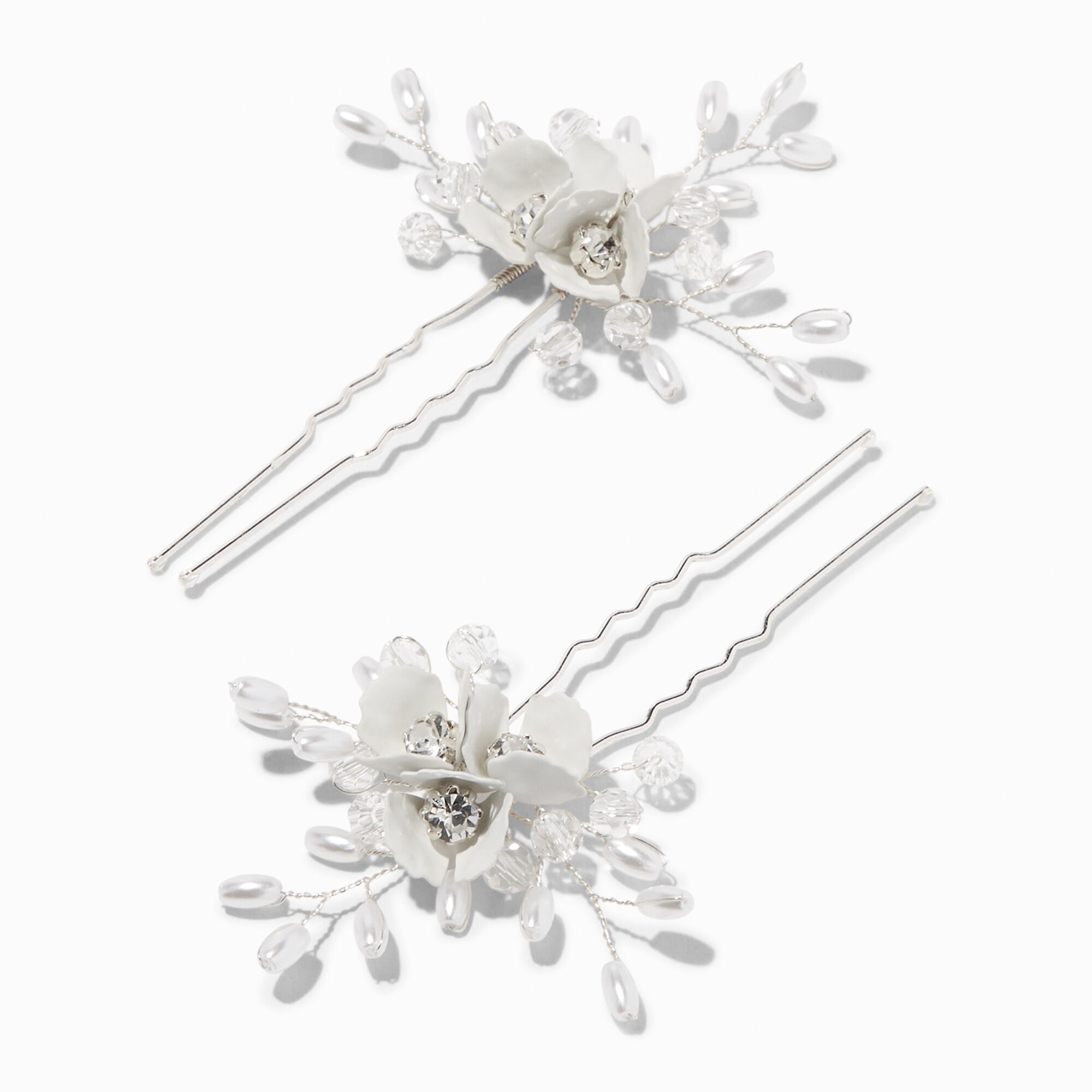 View Claires Crystal Pearl Spray Floral Hair Pins 2 Pack Silver information