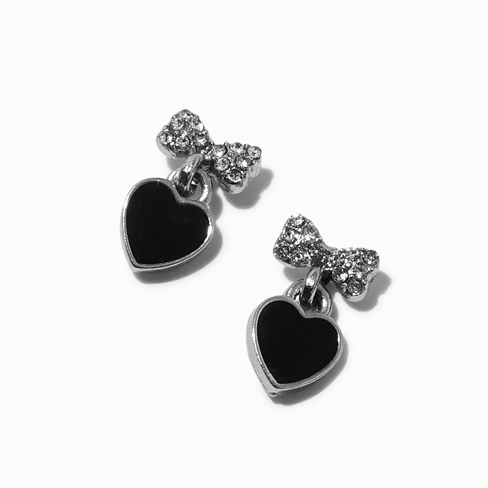 View Claires SilverTone Crystal Bow Heart 05 Drop Earrings Black information