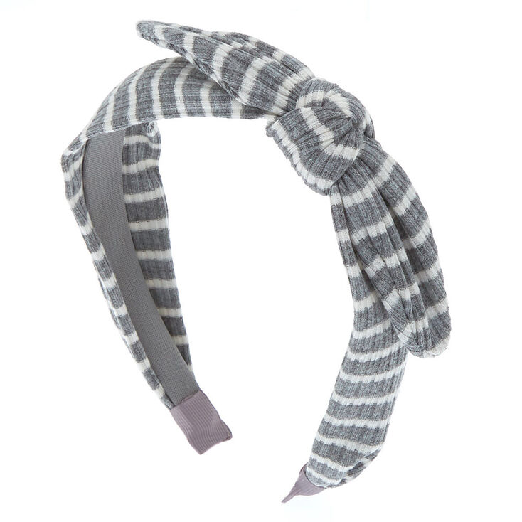 Ribbed Striped Knotted Bow Headband - Grey,