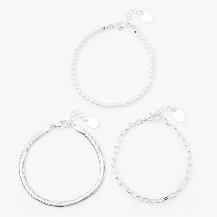 Claire's Bracelets chaîne serpent perles d'imitation couleur argentée - Lot de 3