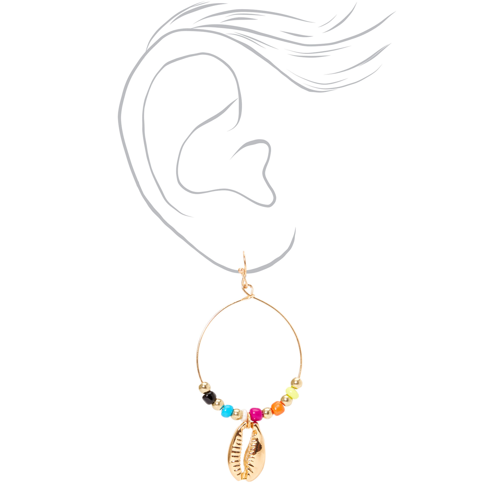 Gold 2" Beaded Cowrie Shell Circle Drop Earrings,