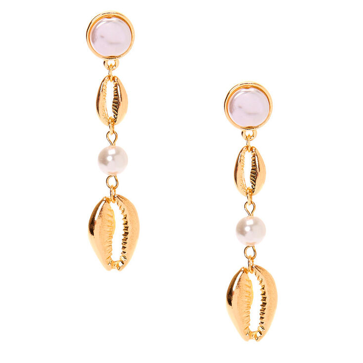 Gold 2.5&quot; Cowrie Shell Pearl Drop Earrings,