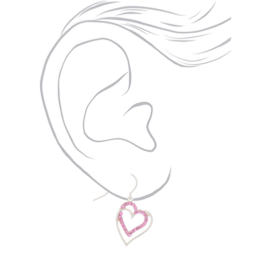 Silver 1" Crystal Heart Drop Earrings,
