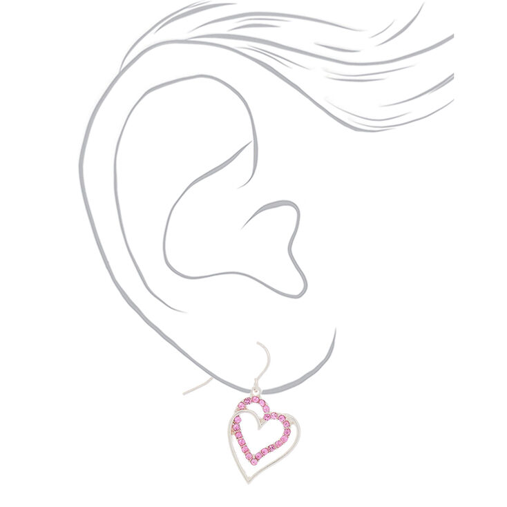 Silver 1&quot; Crystal Heart Drop Earrings,