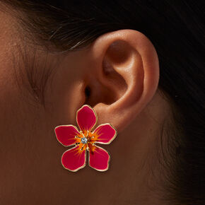 Pink Enamel Flower Stud Earrings,